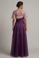 Load image into Gallery viewer, Purple Flutter Sleeves Long A Line Dark Floral Mother of the Bride Dress with Ruffles