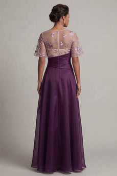 Purple Flutter Sleeves Long A Line Dark Floral Mother of the Bride Dress with Ruffles