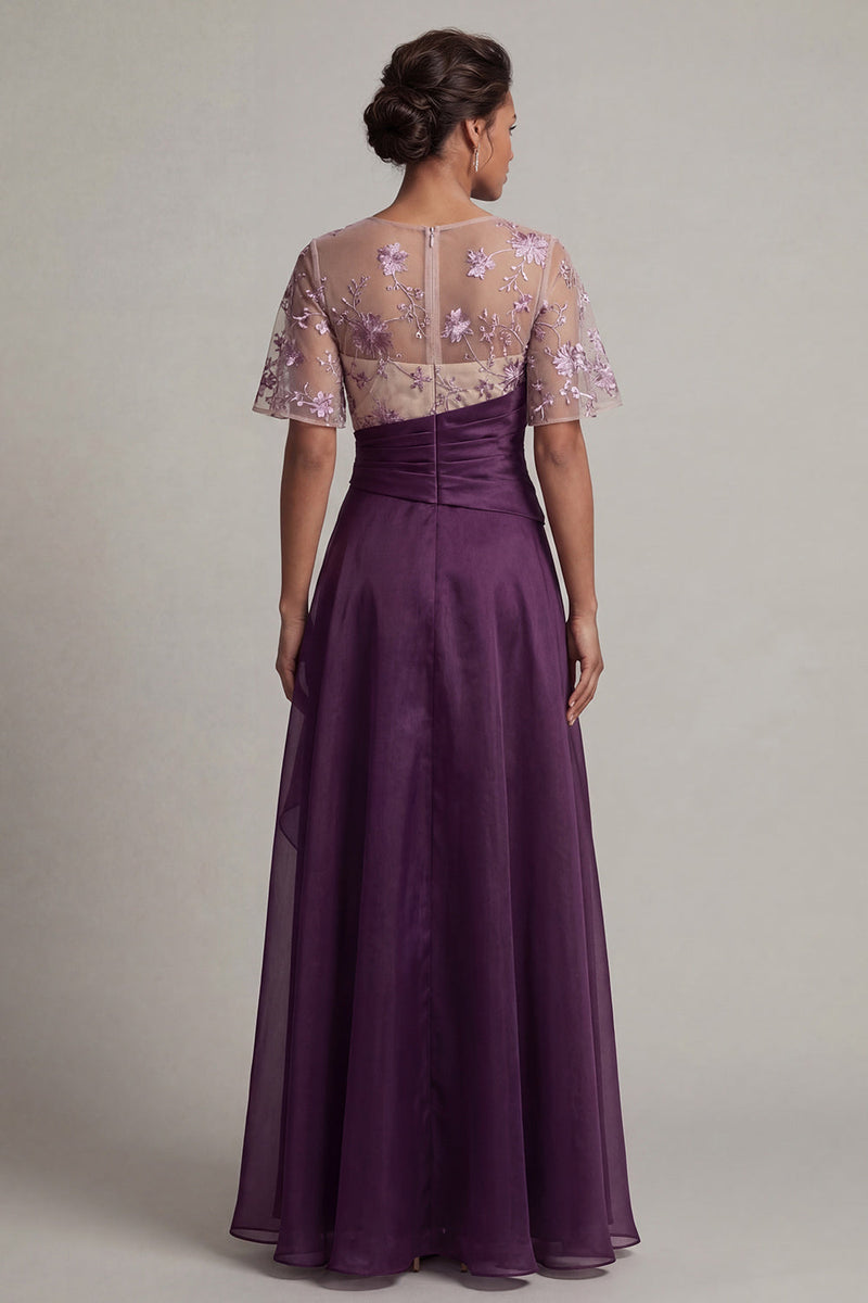 Load image into Gallery viewer, Purple Flutter Sleeves Long A Line Dark Floral Mother of the Bride Dress with Ruffles