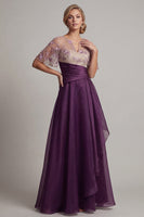 Load image into Gallery viewer, Purple Flutter Sleeves Long A Line Dark Floral Mother of the Bride Dress with Ruffles