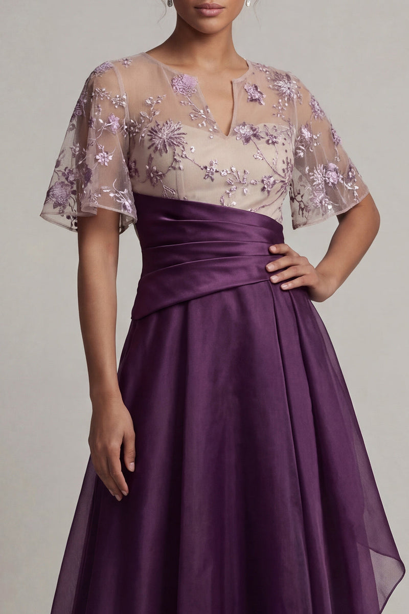 Load image into Gallery viewer, Purple Flutter Sleeves Long A Line Dark Floral Mother of the Bride Dress with Ruffles