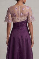 Load image into Gallery viewer, Purple Flutter Sleeves Long A Line Dark Floral Mother of the Bride Dress with Ruffles