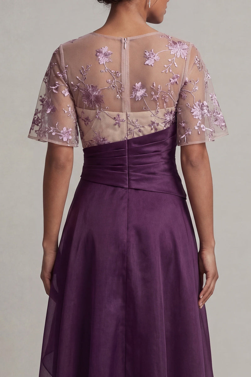 Load image into Gallery viewer, Purple Flutter Sleeves Long A Line Dark Floral Mother of the Bride Dress with Ruffles