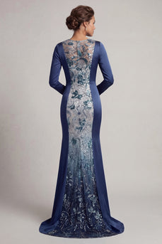 Mermaid Sparkly Navy Beaded Round Neck Long Mother of the Bride Dress