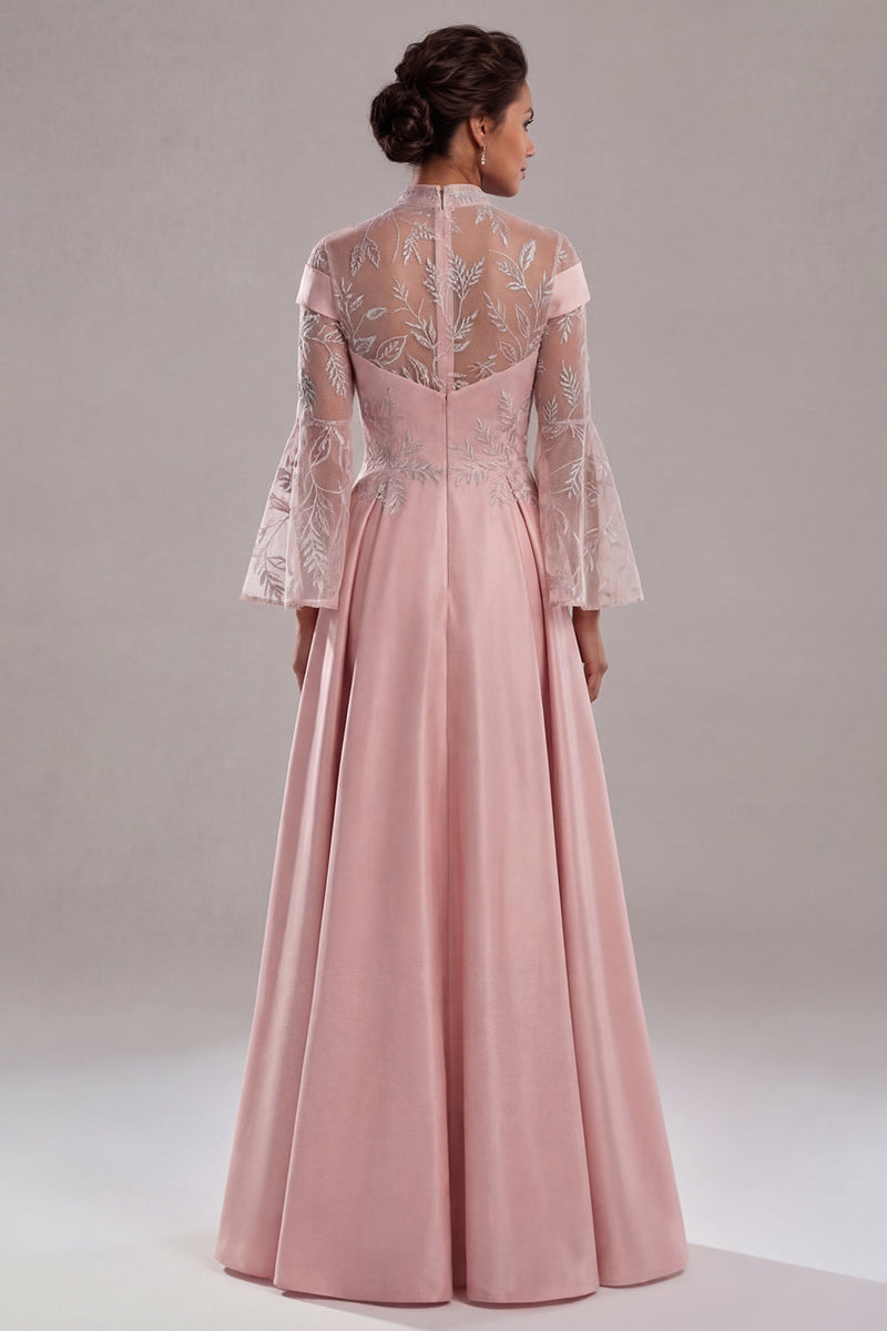 Load image into Gallery viewer, Pink Long A Line Flare Sleeves Mother of the Bride Dress