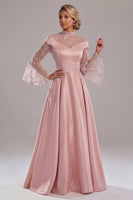 Load image into Gallery viewer, Pink Long A Line Flare Sleeves Mother of the Bride Dress