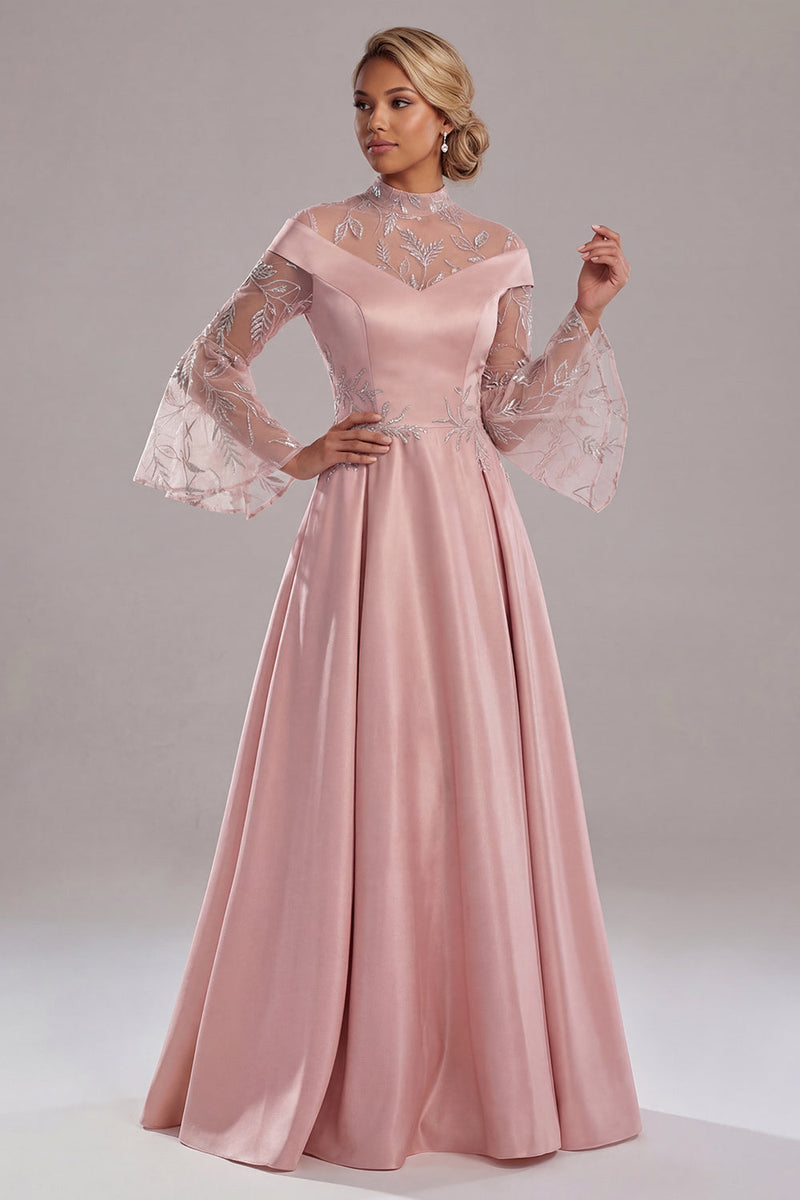 Load image into Gallery viewer, Pink Long A Line Flare Sleeves Mother of the Bride Dress