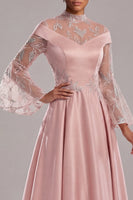 Load image into Gallery viewer, Pink Long A Line Flare Sleeves Mother of the Bride Dress