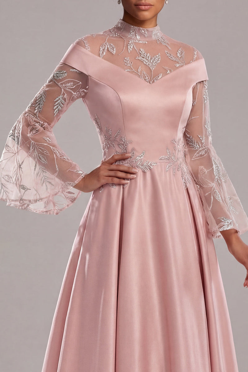 Load image into Gallery viewer, Pink Long A Line Flare Sleeves Mother of the Bride Dress