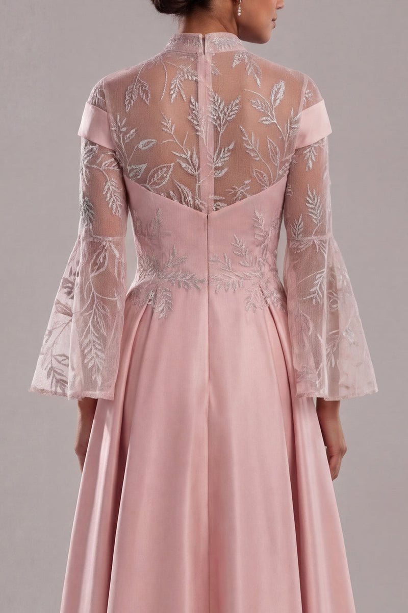 Load image into Gallery viewer, Pink Long A Line Flare Sleeves Mother of the Bride Dress