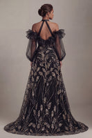 Load image into Gallery viewer, Ruffled Long Halter Black A Line Sparkly Beaded Evening Dress with Slit