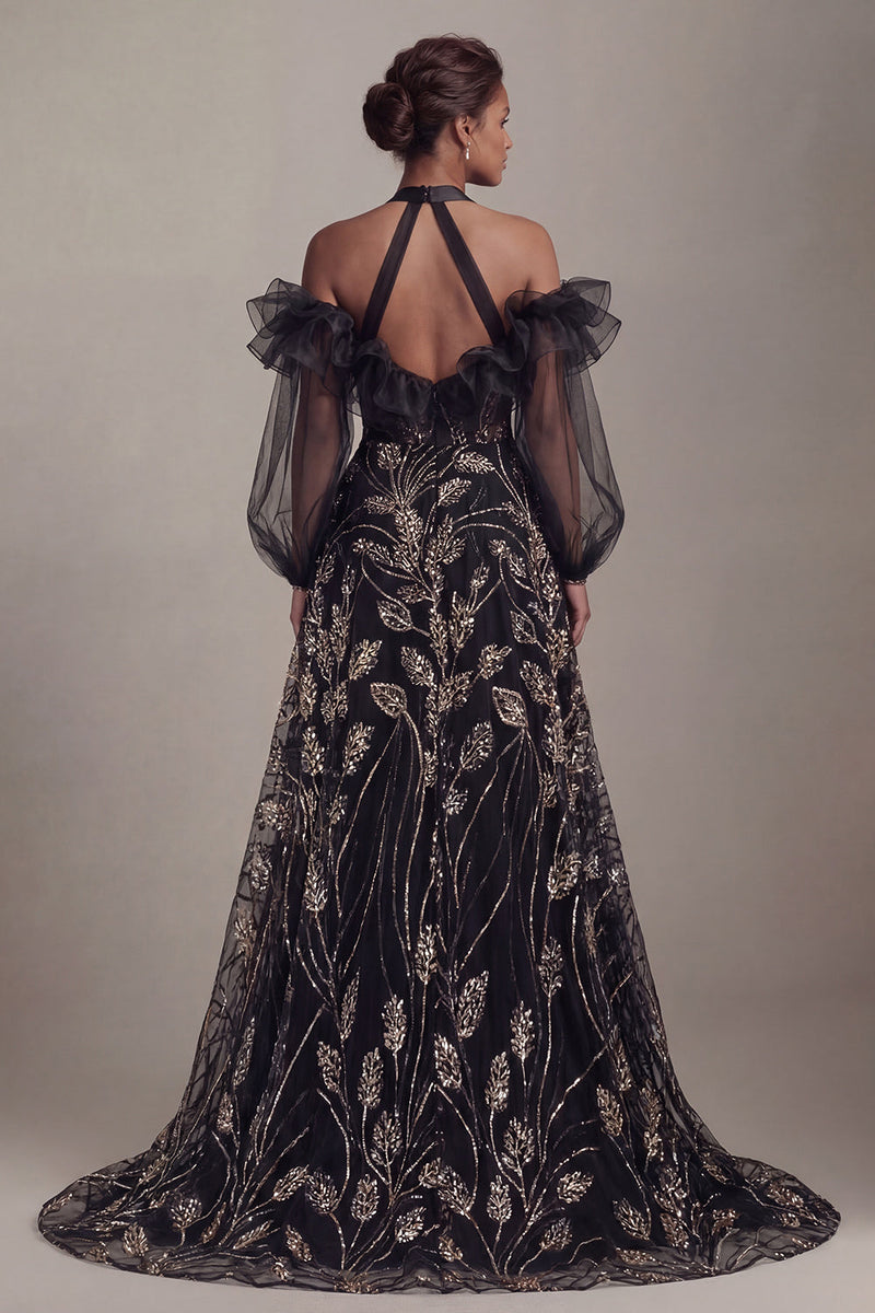 Load image into Gallery viewer, Ruffled Long Halter Black A Line Sparkly Beaded Evening Dress with Slit