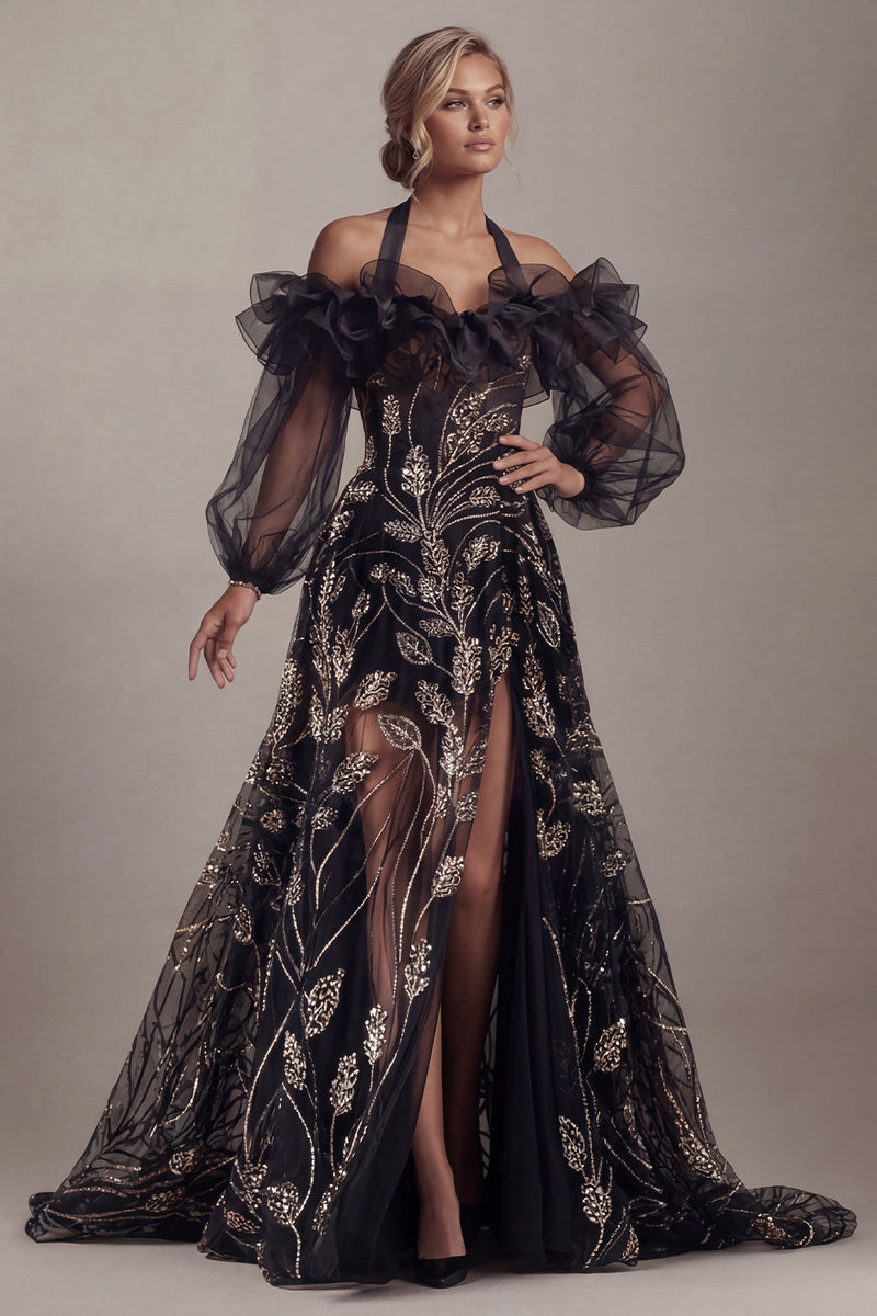 Load image into Gallery viewer, Ruffled Long Halter Black A Line Sparkly Beaded Evening Dress with Slit