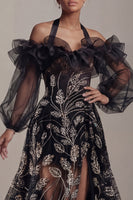 Load image into Gallery viewer, Ruffled Long Halter Black A Line Sparkly Beaded Evening Dress with Slit