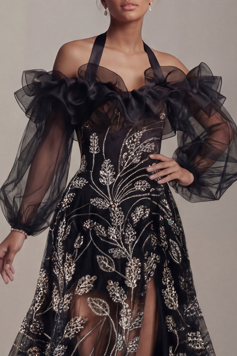 Load image into Gallery viewer, Ruffled Long Halter Black A Line Sparkly Beaded Evening Dress with Slit