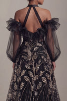 Load image into Gallery viewer, Ruffled Long Halter Black A Line Sparkly Beaded Evening Dress with Slit