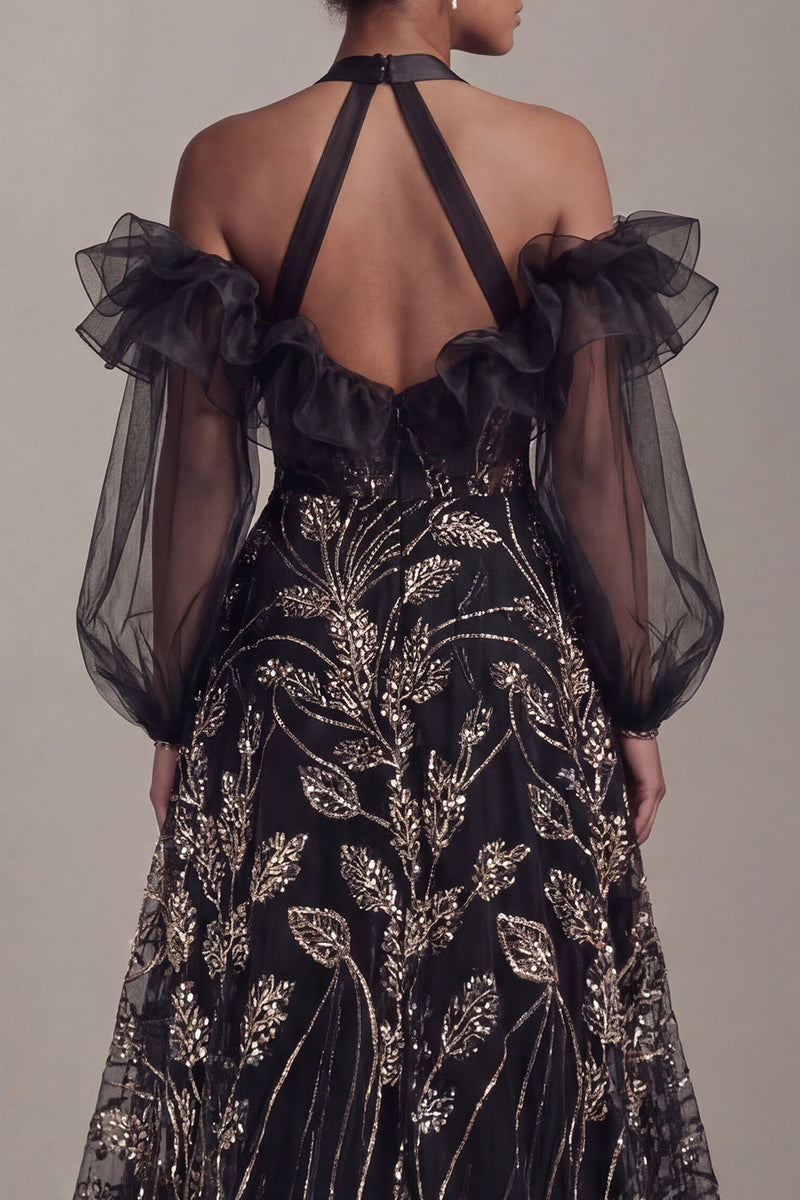 Load image into Gallery viewer, Ruffled Long Halter Black A Line Sparkly Beaded Evening Dress with Slit