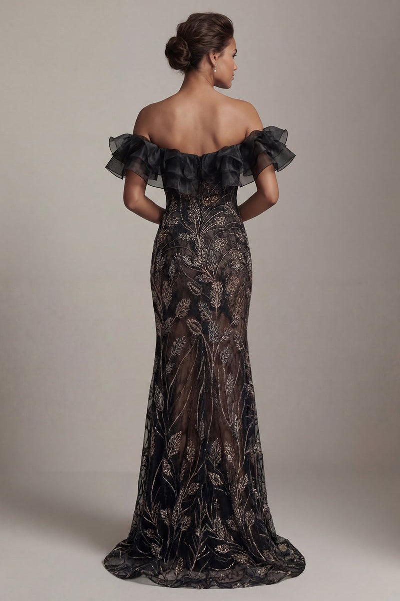 Load image into Gallery viewer, Mermaid Long Black Sparkly Beaded Mother of the Bride Dress with Ruffles