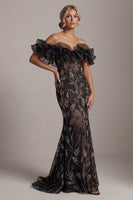Load image into Gallery viewer, Mermaid Long Black Sparkly Beaded Mother of the Bride Dress with Ruffles