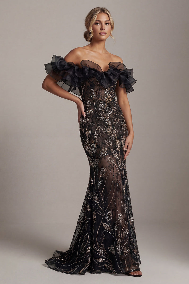 Load image into Gallery viewer, Mermaid Long Black Sparkly Beaded Mother of the Bride Dress with Ruffles