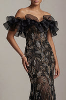 Load image into Gallery viewer, Mermaid Long Black Sparkly Beaded Mother of the Bride Dress with Ruffles