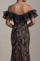 Load image into Gallery viewer, Mermaid Long Black Sparkly Beaded Mother of the Bride Dress with Ruffles