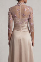Load image into Gallery viewer, Long A Line Champagne Ruched Floral Mother of the Bride Dress with Ruffles
