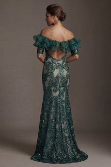 Long Sparkly Dark Green Mermaid Beaded Mother of the Bride Dress with Ruffles