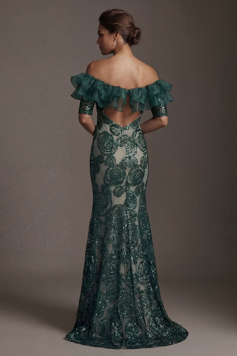 Load image into Gallery viewer, Long Sparkly Dark Green Mermaid Beaded Mother of the Bride Dress with Ruffles