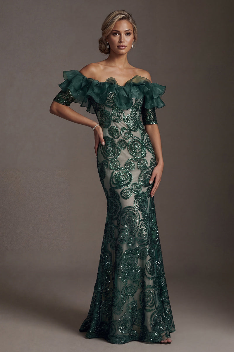 Load image into Gallery viewer, Long Sparkly Dark Green Mermaid Beaded Mother of the Bride Dress with Ruffles