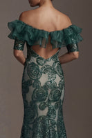 Load image into Gallery viewer, Long Sparkly Dark Green Mermaid Beaded Mother of the Bride Dress with Ruffles