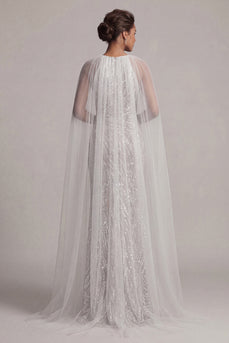 Sparkly Ivory Beaded Long Mermaid Boat Neck Mother of the Bride Dress with Cape