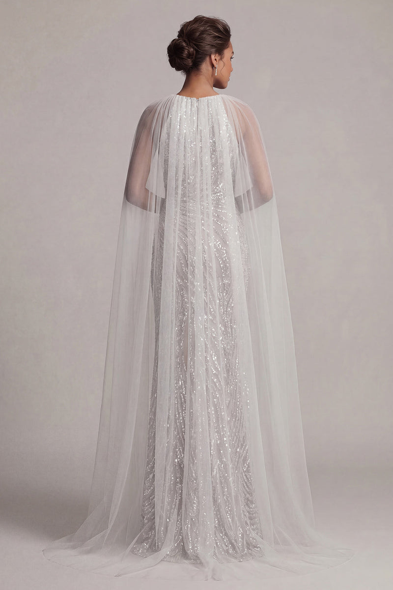 Load image into Gallery viewer, Sparkly Ivory Beaded Long Mermaid Boat Neck Mother of the Bride Dress with Cape