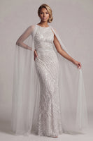 Load image into Gallery viewer, Sparkly Ivory Beaded Long Mermaid Boat Neck Mother of the Bride Dress with Cape
