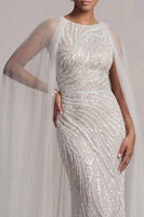 Load image into Gallery viewer, Sparkly Ivory Beaded Long Mermaid Boat Neck Mother of the Bride Dress with Cape