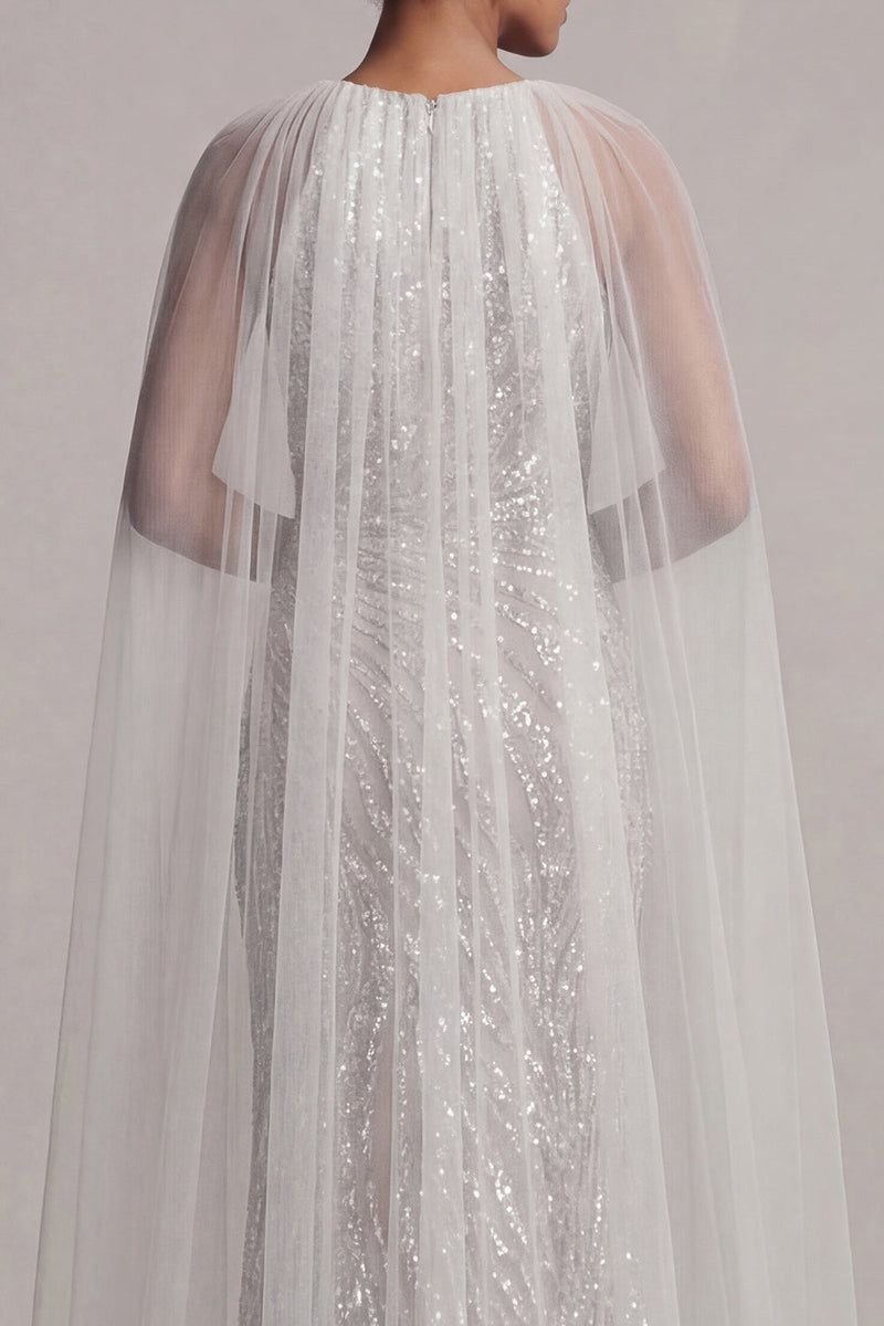 Load image into Gallery viewer, Sparkly Ivory Beaded Long Mermaid Boat Neck Mother of the Bride Dress with Cape