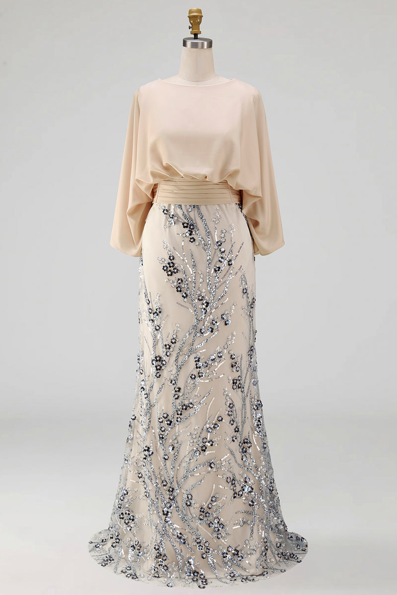 Load image into Gallery viewer, Champagne Floral Mermaid Sparkly Beaded Long Mother of the Bride Dress with Pockets