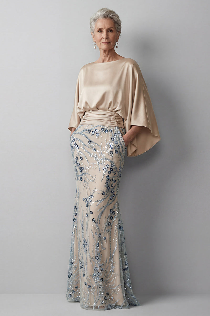 Load image into Gallery viewer, Champagne Floral Mermaid Sparkly Beaded Long Mother of the Bride Dress with Pockets