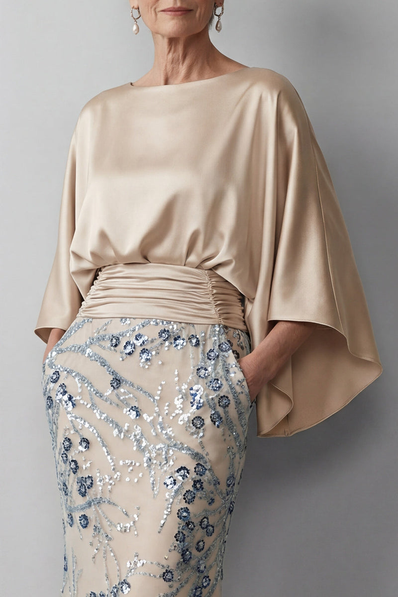 Load image into Gallery viewer, Champagne Floral Mermaid Sparkly Beaded Long Mother of the Bride Dress with Pockets