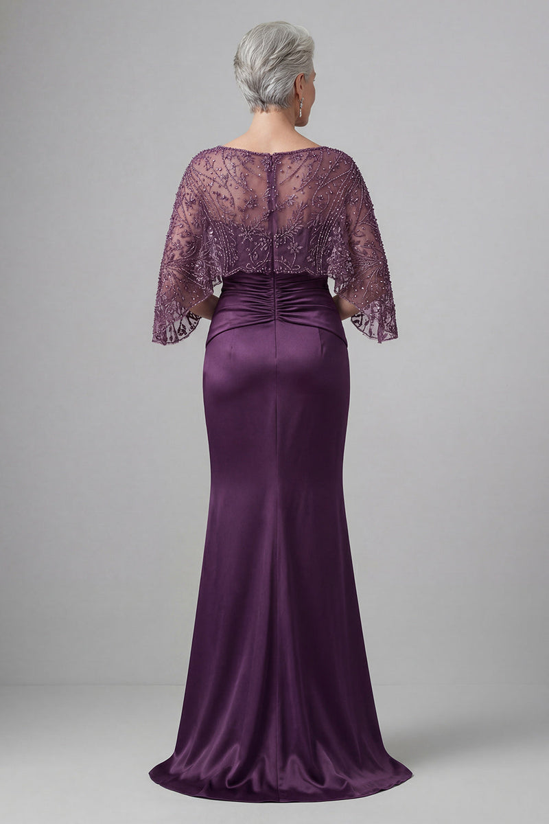 Load image into Gallery viewer, Sparkly Dark Purple Boat Neck Mermaid Long Beaded Mother of the Bride Dress