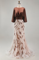 Load image into Gallery viewer, Floral Lace Boat Neck Ruched Coffee Mermaid Long Mother of the Bride Dress