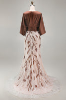 Load image into Gallery viewer, Floral Lace Boat Neck Ruched Coffee Mermaid Long Mother of the Bride Dress