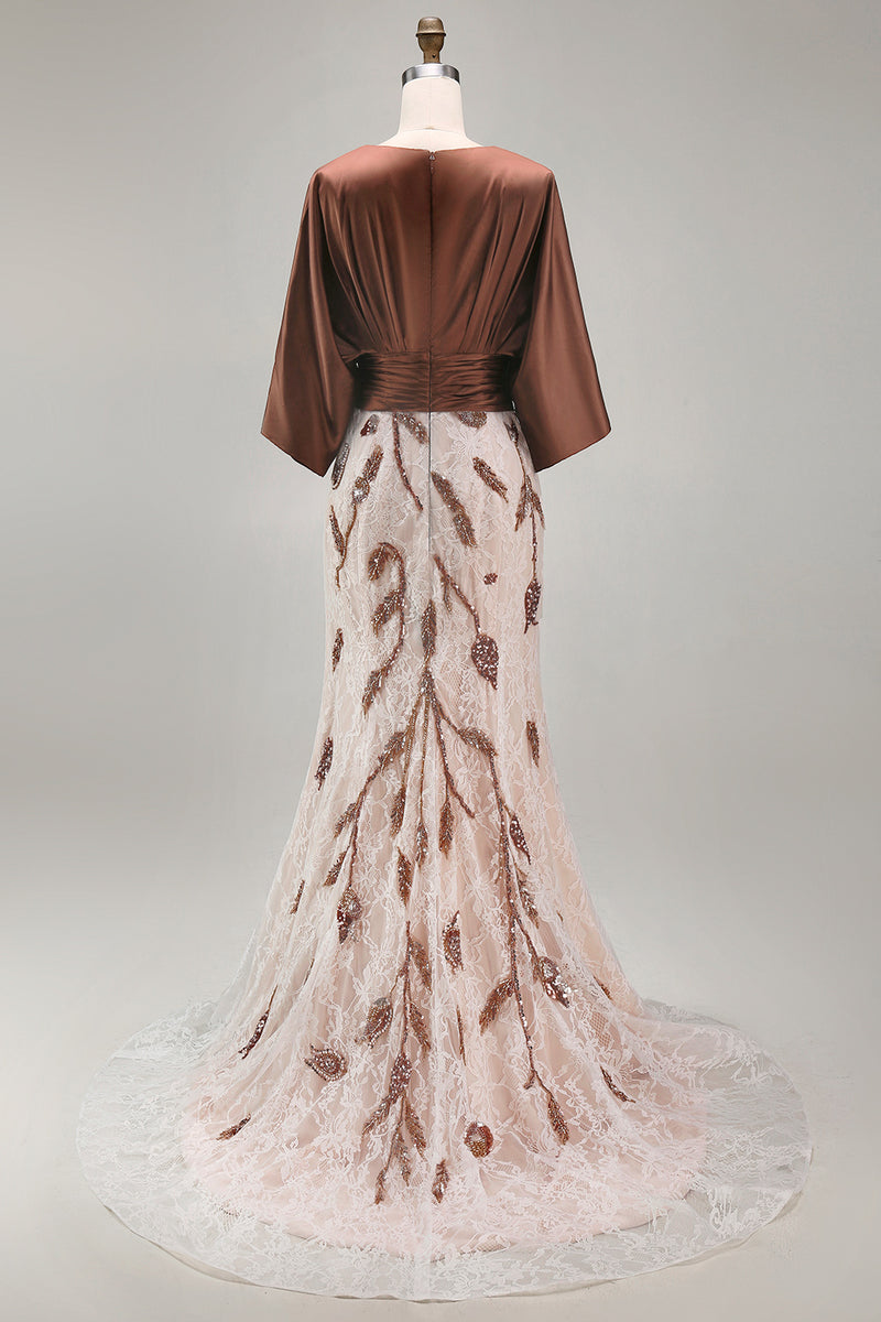 Load image into Gallery viewer, Floral Lace Boat Neck Ruched Coffee Mermaid Long Mother of the Bride Dress