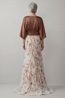 Floral Lace Boat Neck Ruched Coffee Mermaid Long Mother of the Bride Dress