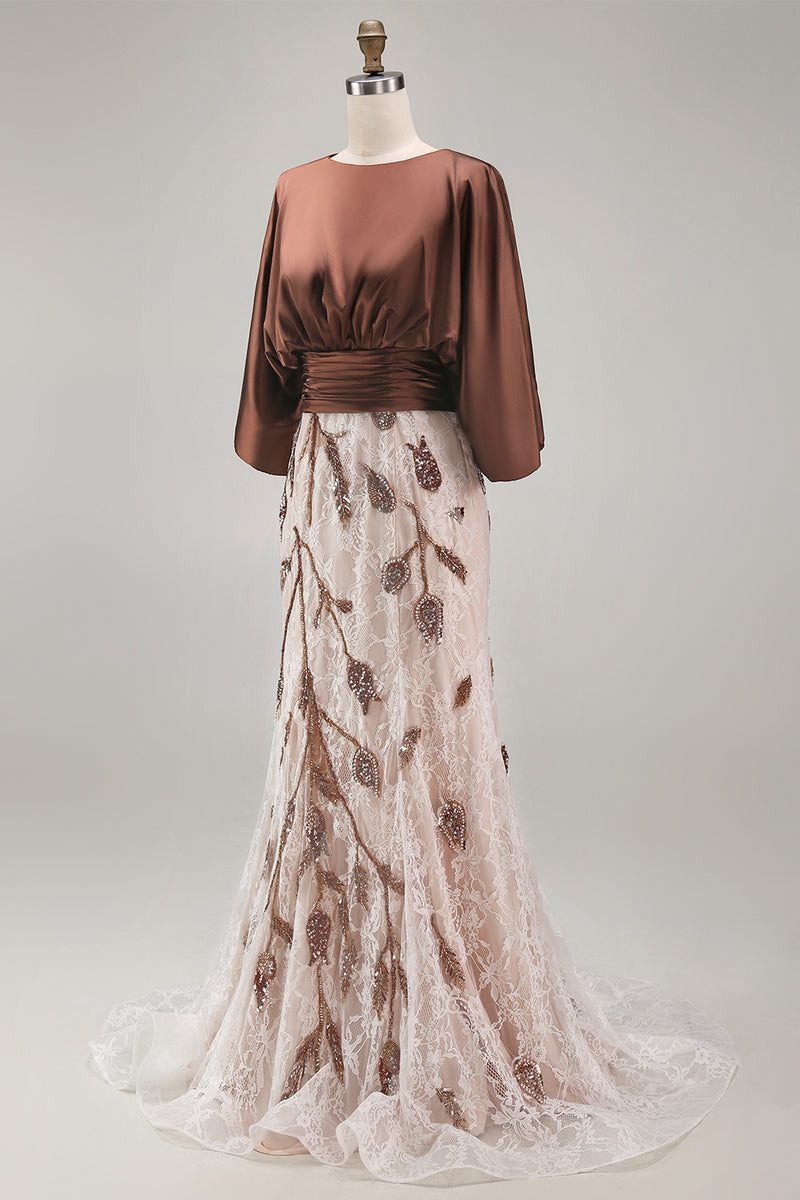 Load image into Gallery viewer, Floral Lace Boat Neck Ruched Coffee Mermaid Long Mother of the Bride Dress