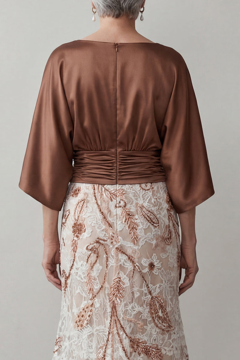 Load image into Gallery viewer, Floral Lace Boat Neck Ruched Coffee Mermaid Long Mother of the Bride Dress