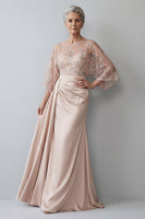 Load image into Gallery viewer, Blush Boat Neck Mermaid Ruched Long Mother of the Bride Dress with Side Cape