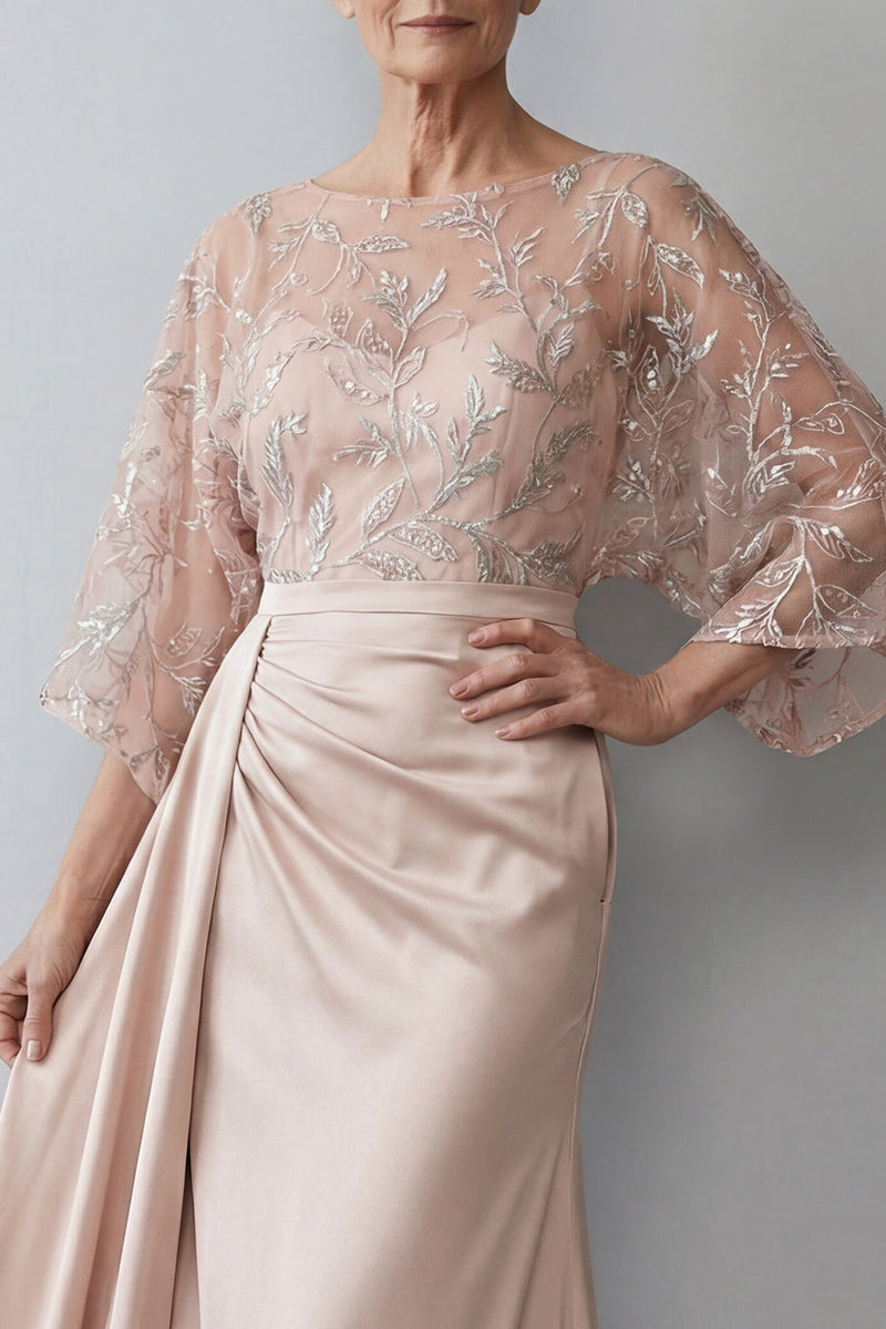 Load image into Gallery viewer, Blush Boat Neck Mermaid Ruched Long Mother of the Bride Dress with Side Cape