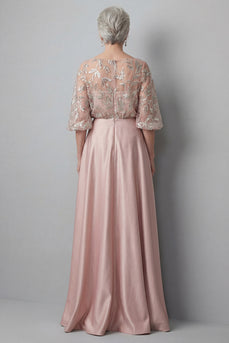 A Line Blush Ruched Boat Neck Long Floral Mother of the Bride Dress with Pockets