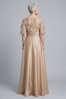 Champagne A Line Floral Sparkly Beaded Long Mother of the Bride Dress